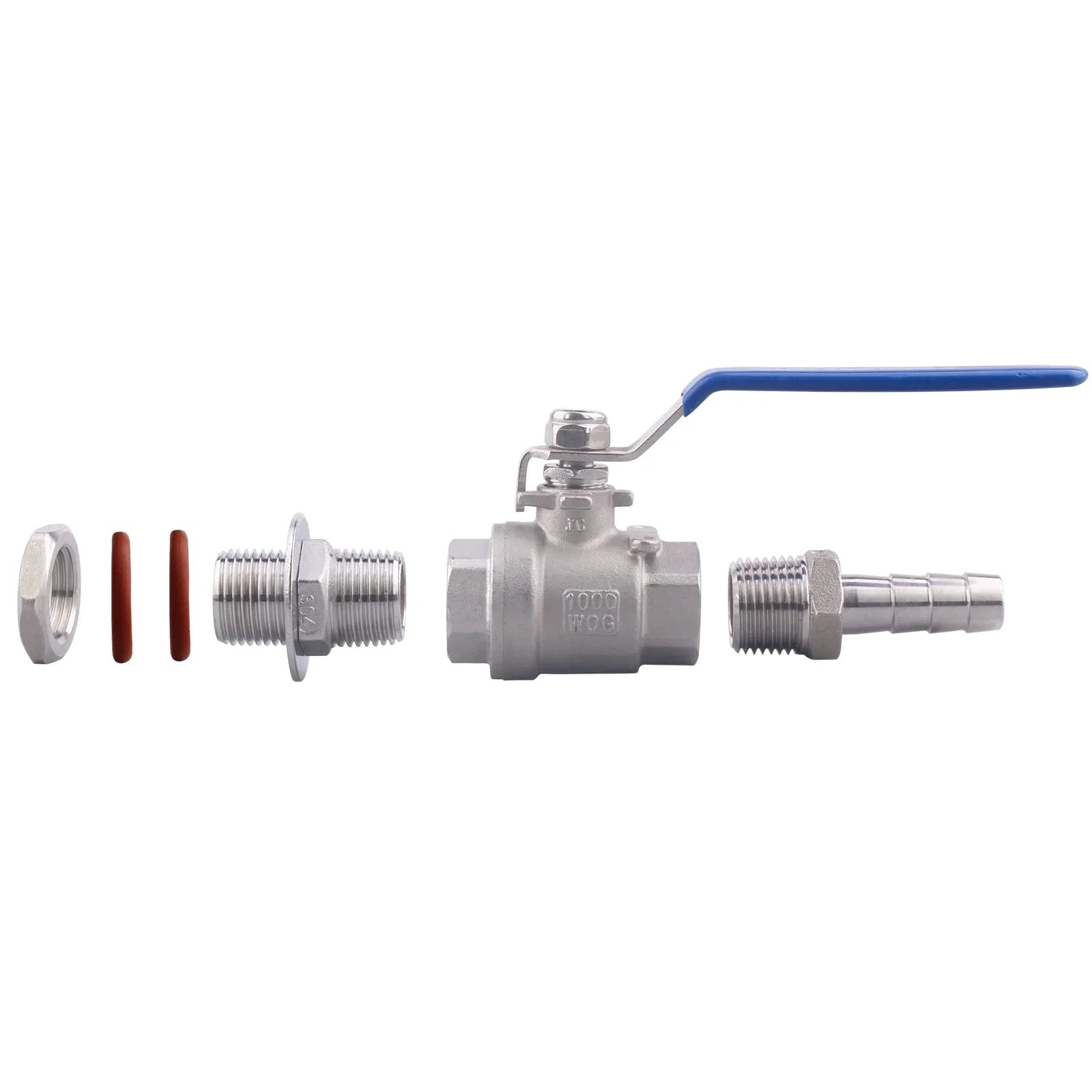 Stainless Steel One Half Inch Ball Valve Weldless Bulkhead For Home Brew Kettle One Half NPT To One Half Barb Hose Full Port Two Piece Design 1000 PSI Rated
