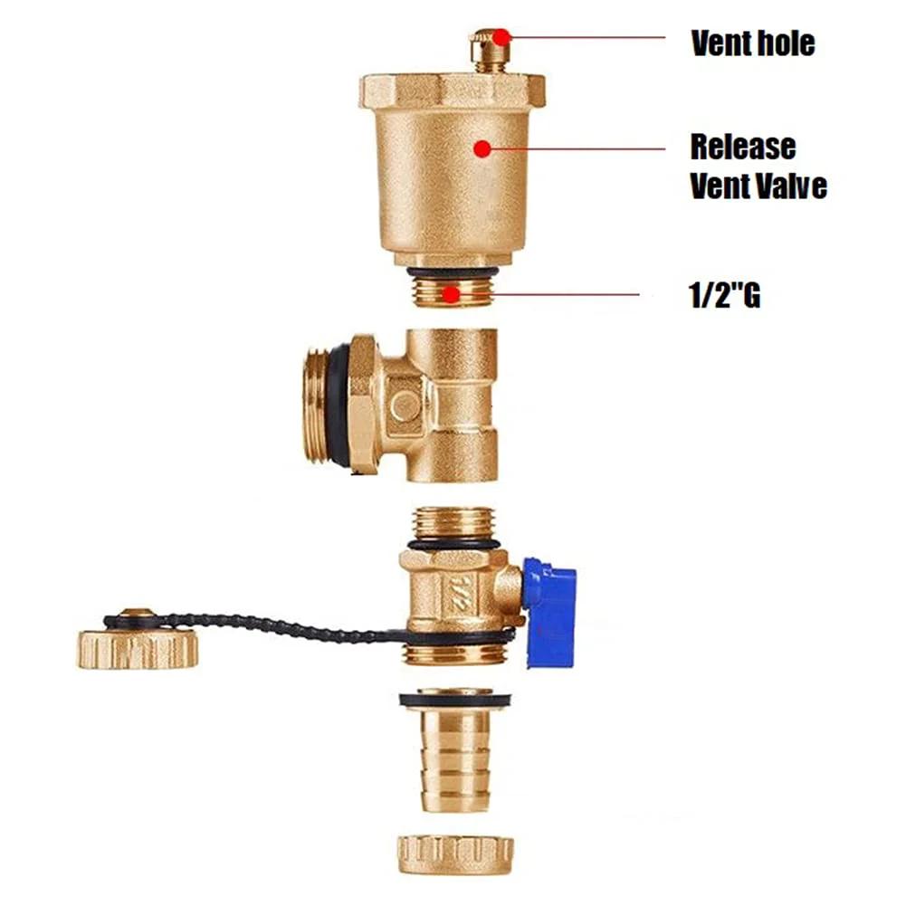 Brass Automatic Float Valve Kit With Air Bleeder Release Vent Valve And 1/2 G Male Thread Includes 1/2 G Female X 1/2 NPT Male Pipe Fitting Connector Adapter For Plumbing Water Systems Durable Eco Friendly Design front view