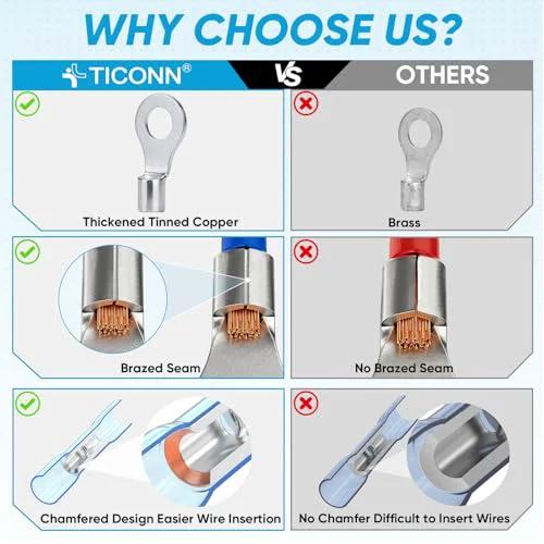 Comparison image showing TICONN 120 Piece Heat Shrink Wire Connector Kit With Waterproof Automotive Marine Terminals vs others, highlighting benefits.