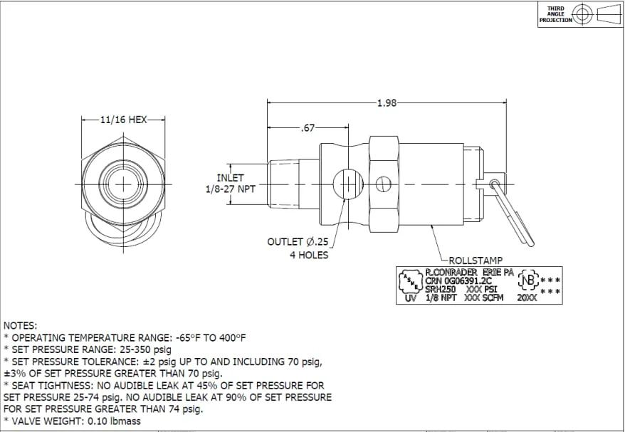 Technical drawing of Brass One Eighth Inch NPT Industrial Hard Seat Safety Pressure Relief Valve, 150 PSI Preset, dimensions shown.