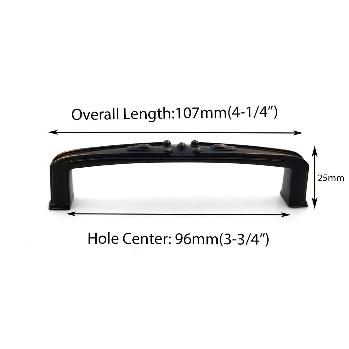 Solid Zinc Alloy Cabinet Pull Handle With Traditional Classic Design In Oil Rubbed Bronze, side view showing dimensions.