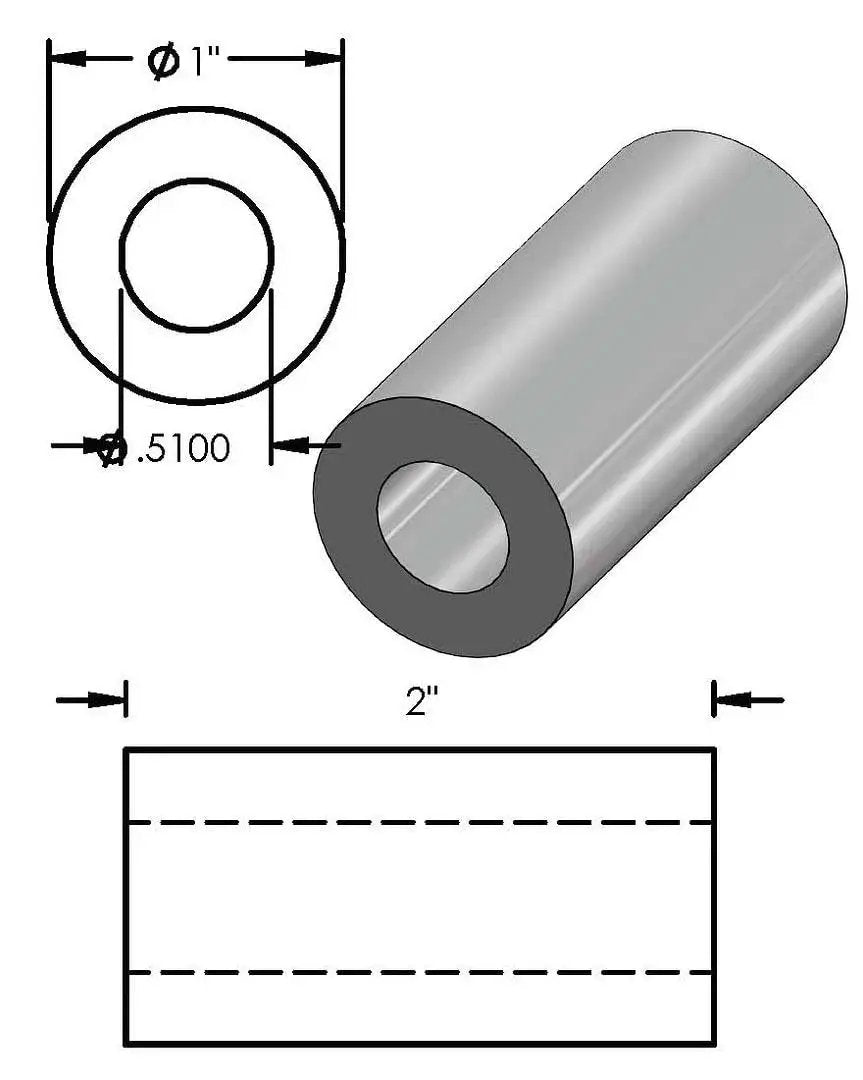Steel Spacer 1 Inch OD x 1/2 Inch ID Round Unthreaded Standoff Bushing 2 Inch Length 5 Pack for 1/2 or M12 Bolts diagram