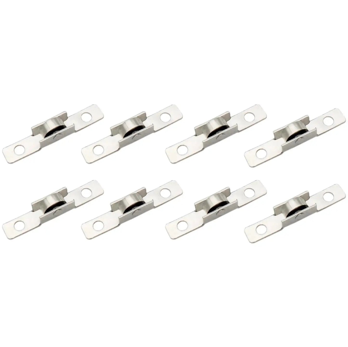 Eight Piece Sliding Window Roller Wheel Set Silver Metal Wheels For Windows And Cabinets Durable Metal Construction With 4mm Hole Diameter And 30mm Center Spacing Easy Installation With Screws Ideal Replacement Hardware