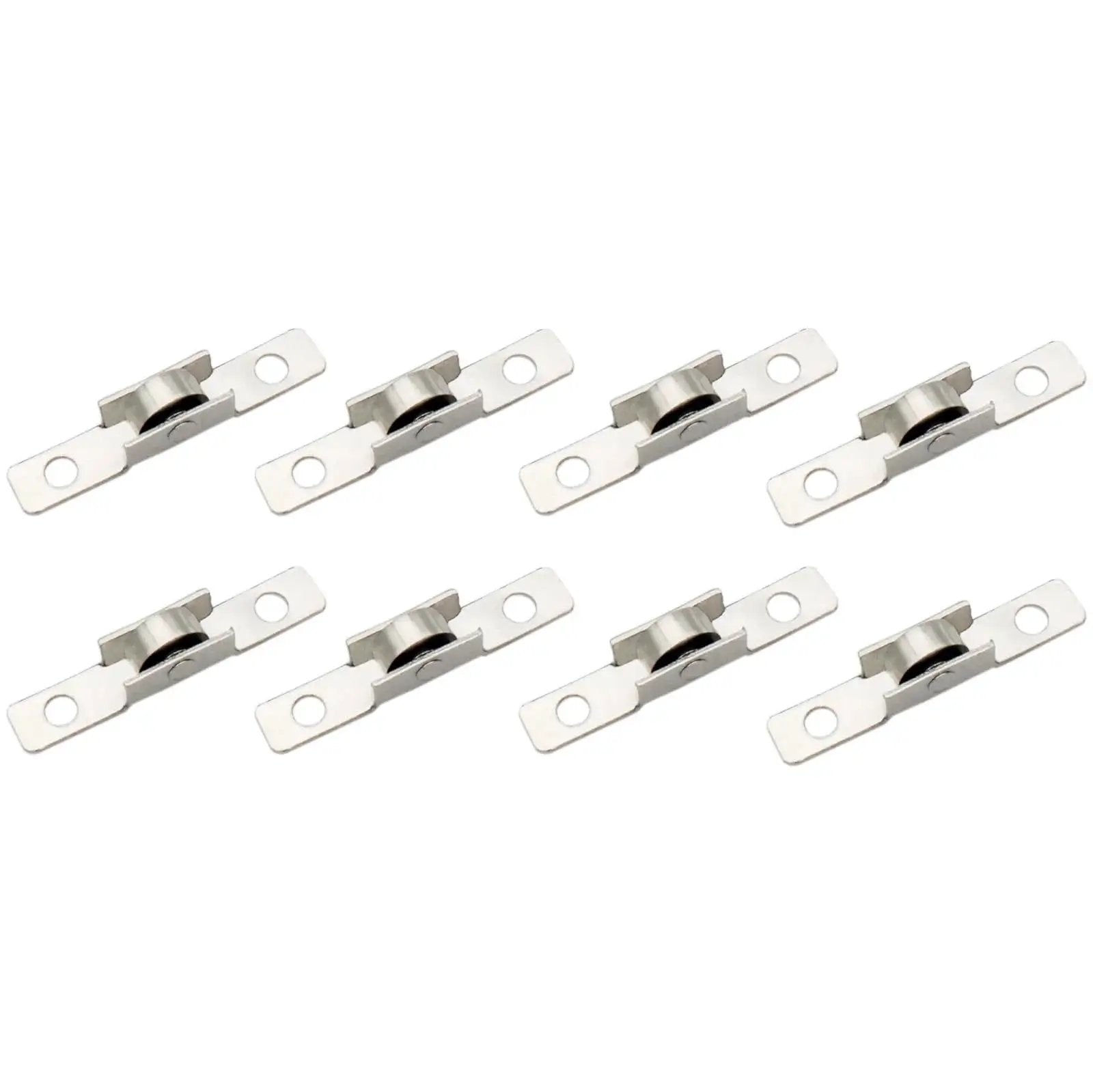 Eight Piece Sliding Window Roller Wheel Set Silver Metal Wheels For Windows And Cabinets Durable Metal Construction With 4mm Hole Diameter And 30mm Center Spacing Easy Installation With Screws Ideal Replacement Hardware