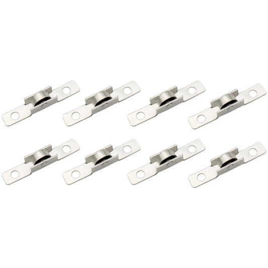 Eight Piece Sliding Window Roller Wheel Set Silver Metal Wheels For Windows And Cabinets Durable Metal Construction With 4mm Hole Diameter And 30mm Center Spacing Easy Installation With Screws Ideal Replacement Hardware