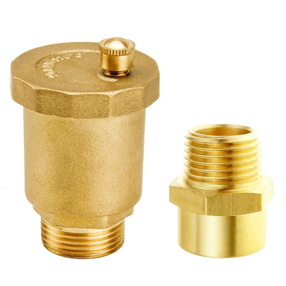 Brass Automatic Float Valve Kit With Air Bleeder Release Vent Valve And 1/2 G Male Thread Includes 1/2 G Female X 1/2 NPT Male Pipe Fitting Connector Adapter For Plumbing Water Systems Durable Eco Friendly Design, showing front view of brass valve and adapter.