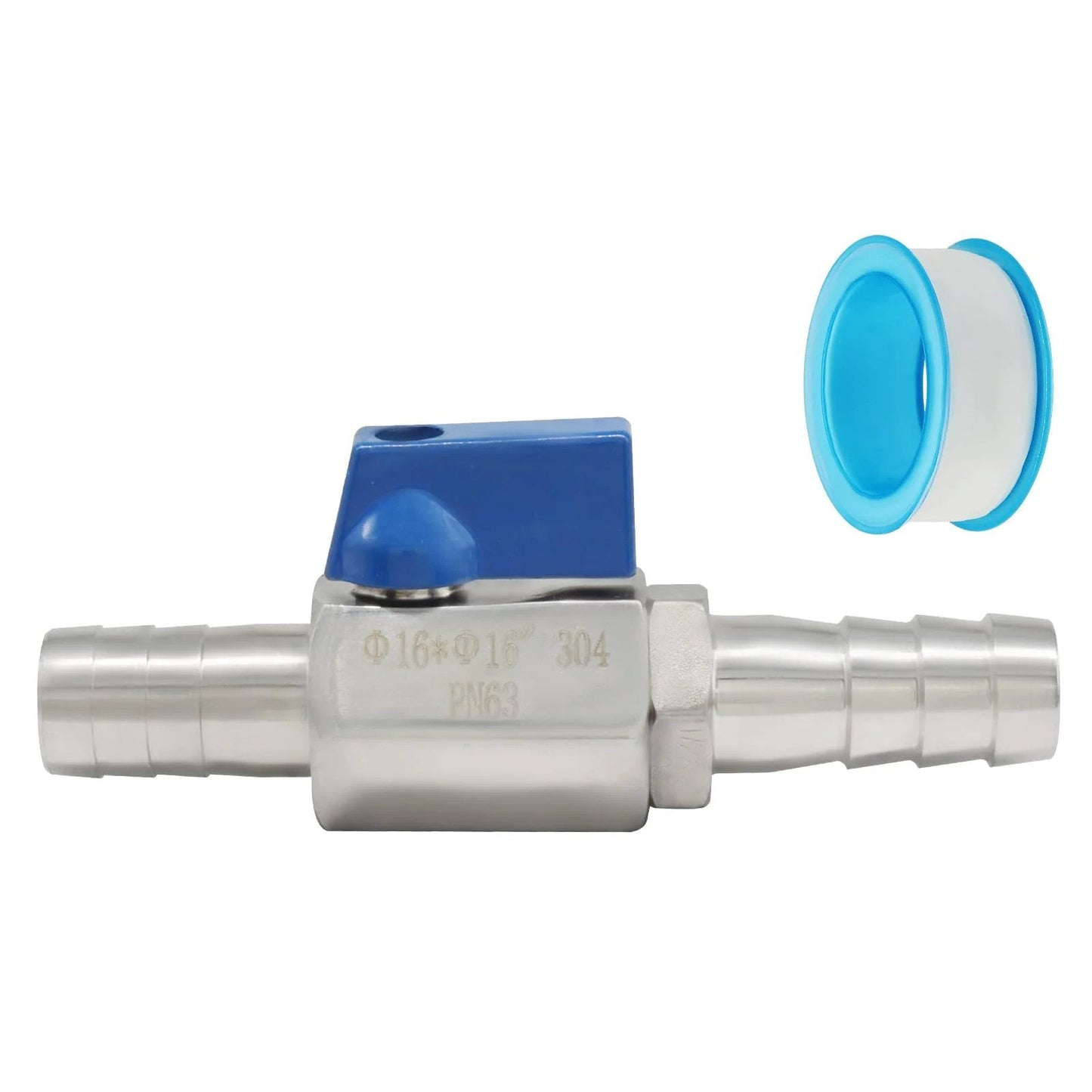 Stainless Steel 304 Mini Shut Off Valve With Double Barbs Five Eighths Inch For Gas Fuel Drip Irrigation And Aquariums Easy Install High Temperature And Pressure Resistant One Pack By OSVJE visible with PTFE tape.
