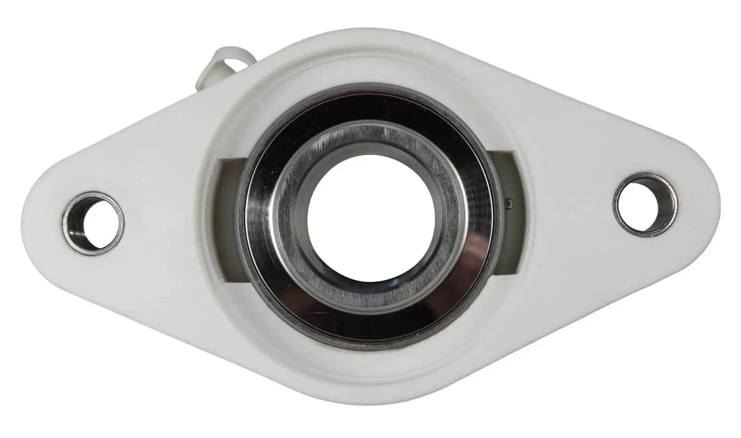 1-1/4 Inch Stainless Steel Thermoplastic Two-Bolt Flange Bearing With Two Set Screws Plastic Housing And Grease Zerk front view