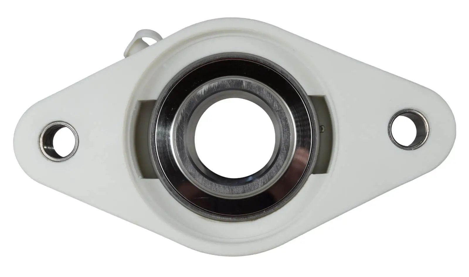 1-1/4 Inch Stainless Steel Thermoplastic Two-Bolt Flange Bearing With Two Set Screws Plastic Housing And Grease Zerk front view