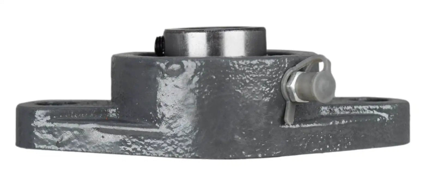 Side view of Three Quarter Inch Two Bolt Flange Bearing With Set Screws Cast Iron Housing Grease Zerk Lubrication Bore.