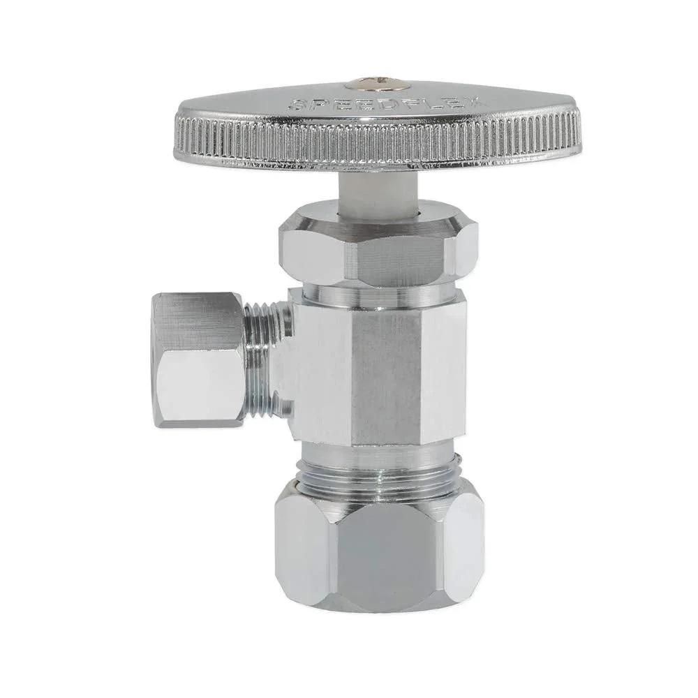 Multi-Turn Angled Stop Valve Three-Eighths Inch OD To Five-Eighths Inch OD Compression Brass Chrome Plumbing Fitting For Home Fixtures With Leakproof Teflon Seals Eastman