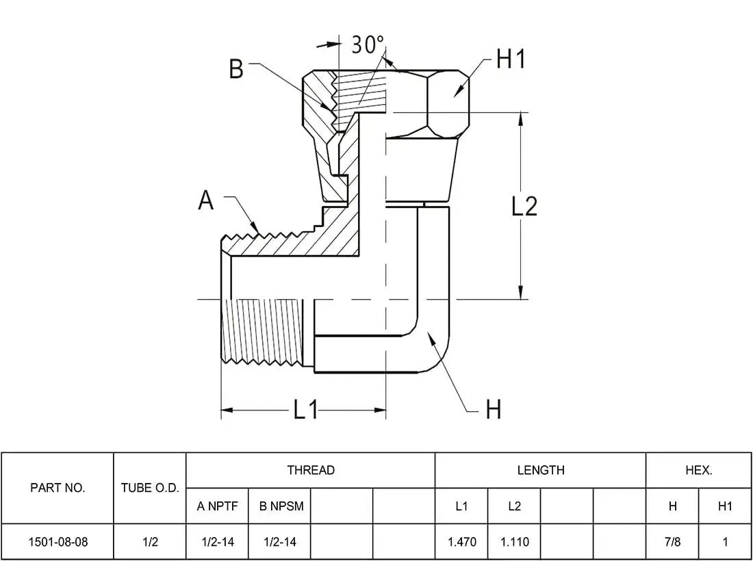 Technical drawing of Two Pack 1501-08-08 Hydraulic Hose Adapter Fitting 1/2 Inch Male 1/2-14 NPTF To 1/2 Inch Female 1/2-14 NPSM Swivel 90 Degree Elbow SAE Pipe Joint Connector Carbon Steel Beiterstoe USA illustrating dimensions and thread details