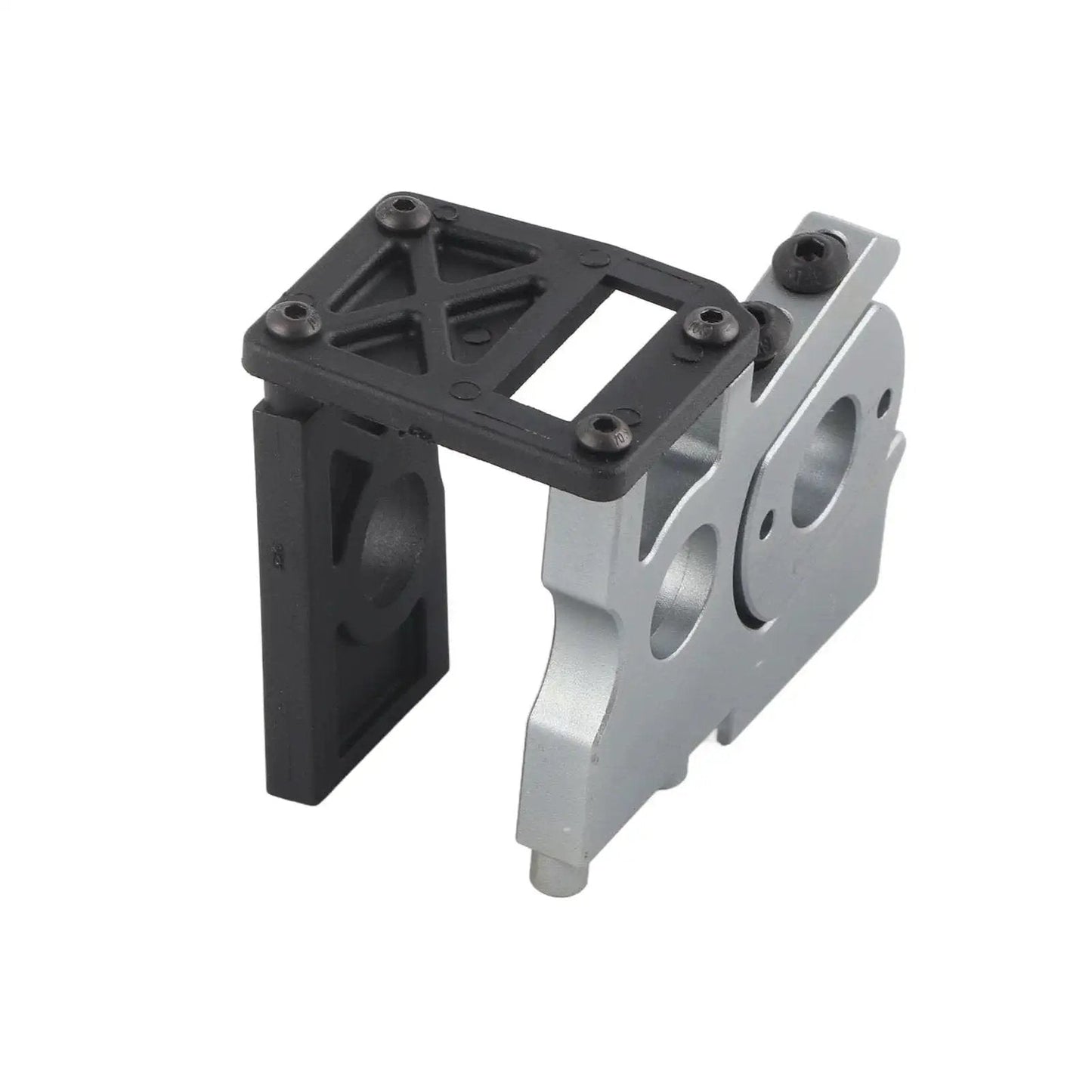 Brushless Motor Mounting Holder For One Eighth RC Car Tmaxx Conversion Kit, Easy Install, shown in aluminum and plastic
