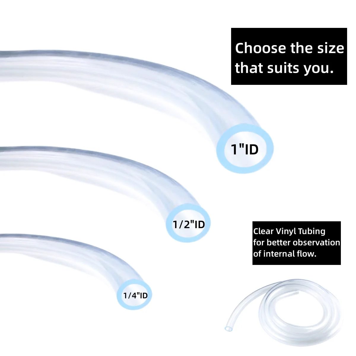 Clear PVC Tubing One Inch Inner Diameter By One And A Quarter Inch Outer Diameter Ten Feet Long With Four Stainless Clamps Flexible Low Pressure Lightweight Vinyl Hose For Water Air And Oil Transfer shown in different sizes for selection.