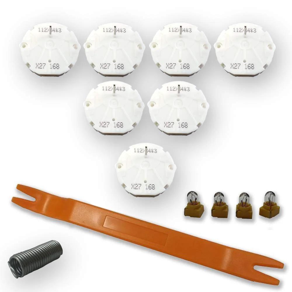 Image showing GM Stepper Motor Repair Kit X27 168 For 03 To 06 Chevy Silverado Tahoe Yukon Suburban Instrument Clusters 7 Motor Kit With Genuine Switec OEM Motors A Simple Drop In Fix For Smooth Gauge Readouts And Accurate Speedometer including seven stepper motors, bulbs, orange tool, and spring.