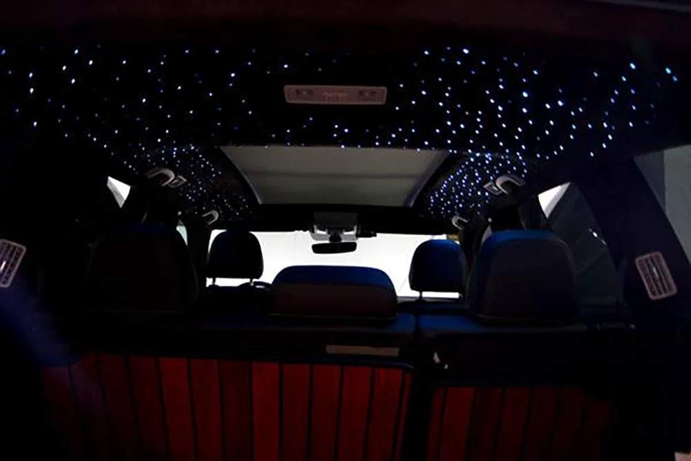 Car interior ceiling with End Glow PMMA Fiber Optic Cable Set For LED Star Ceiling Kits, showing fiber optic star light effect.