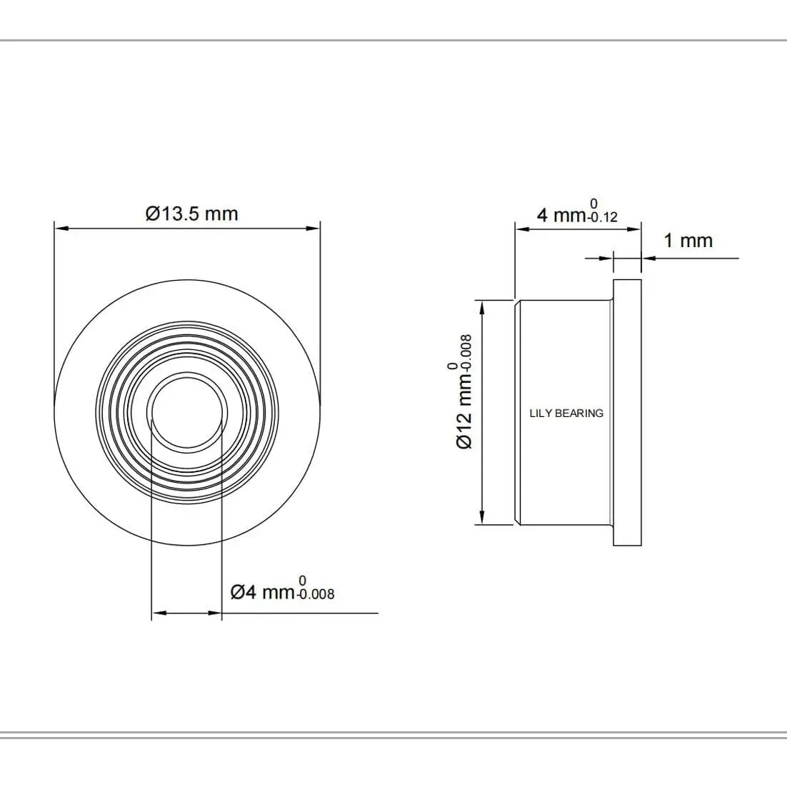 Technical drawing of Flanged Ball Bearing 4x12x4 Mm Pack Of 10 F604ZZ, detailing dimensions and profile view.