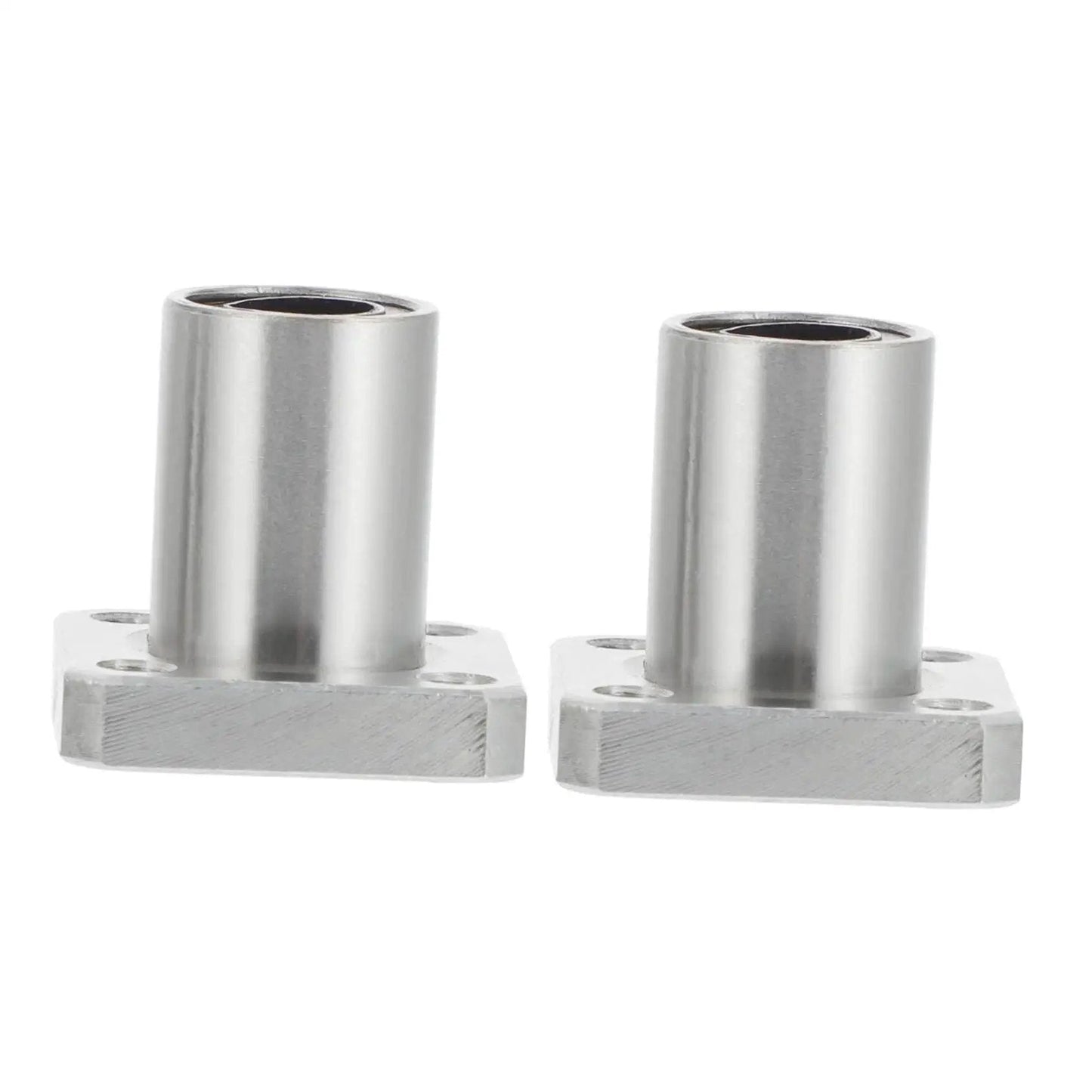 Two Pack Flange Linear Bearings for 3D Printers, Steel Circular Flange Linear Ball Bearings for Printer Rod Guides, close-up view.