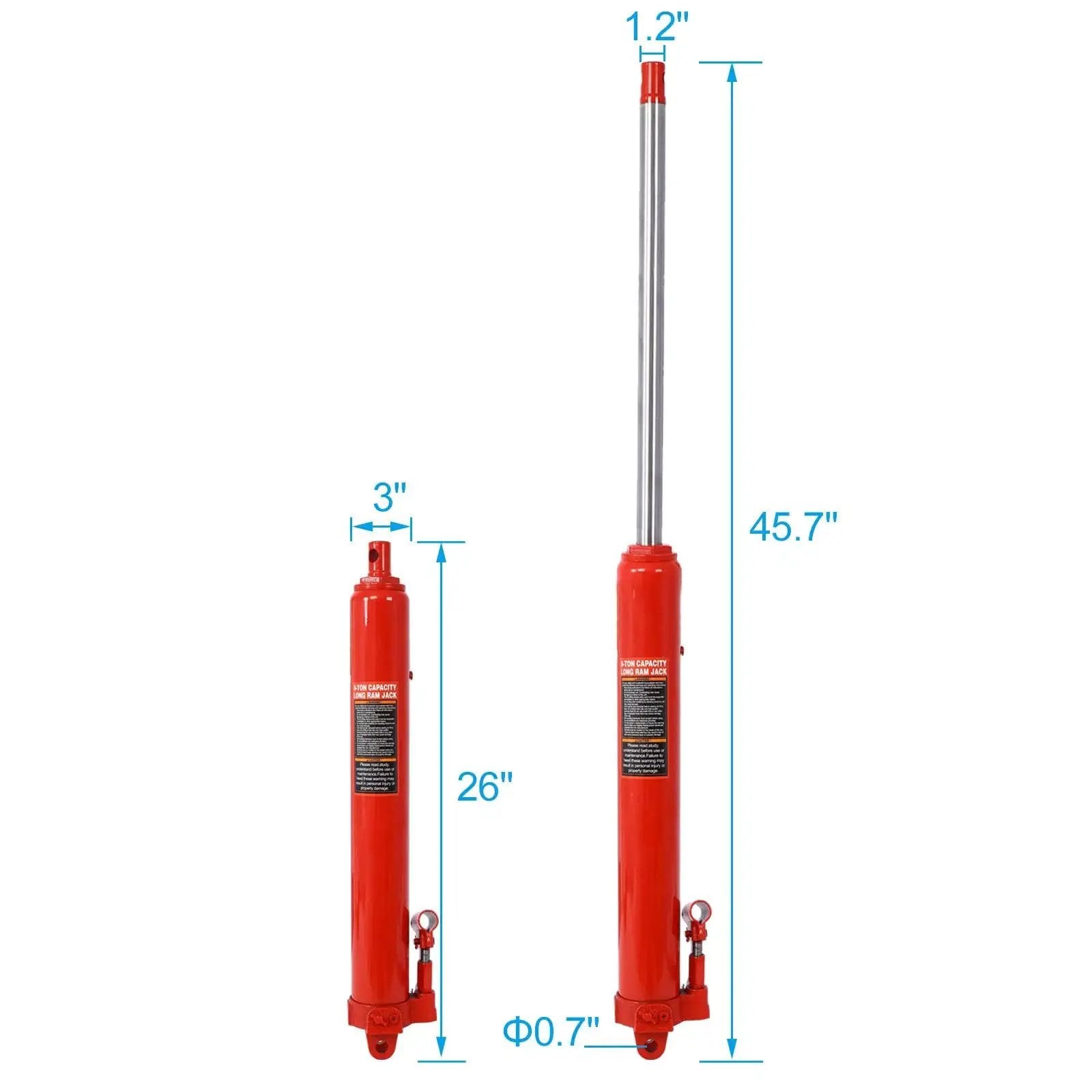 8 Ton Hydraulic Long Ram Jack With Clevis Base For Engine Hoists And Cranes, red steel construction, dimensions shown.