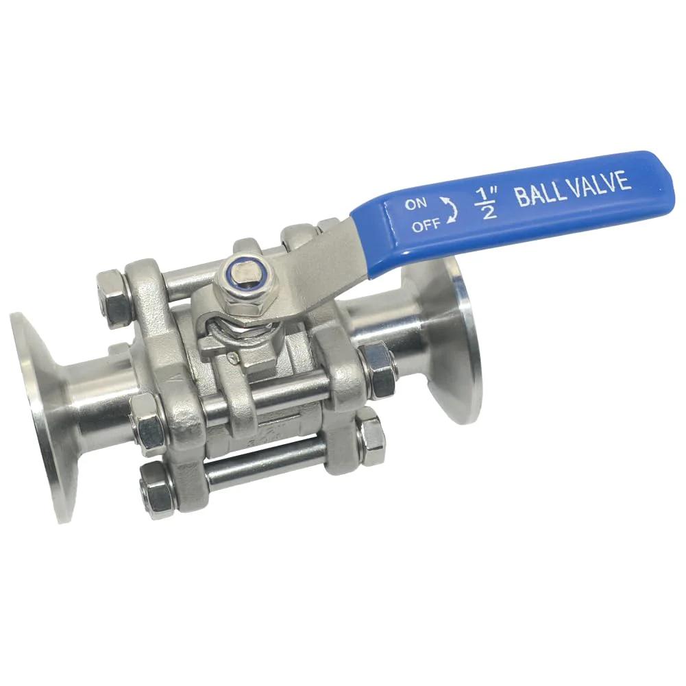 Sanitary 1/2 Inch Ball Valve Fits 1.5 Inch Tri Clamp Quick Clamp 2 Way Or 3 Piece 304 Stainless Steel Tube OD Connection Perfect For Brewing Dairy Beverage High Temp And Corrosion Resistant
