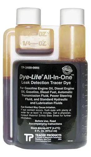 Dye Lite All In One Full Spectrum Oil Dye bottle, 8 oz, for oil fuel ATF and hydraulics leaks detection, front view