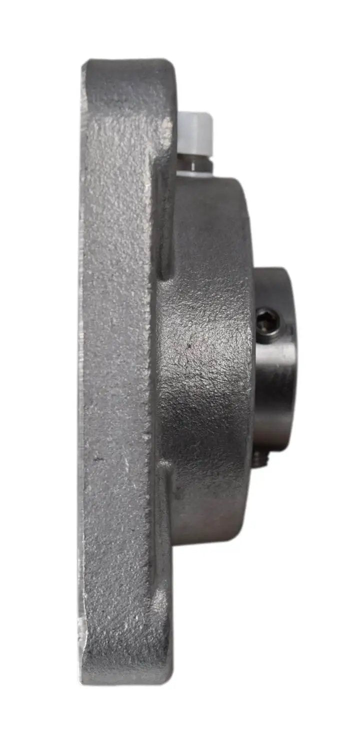 Side view of 1 Inch Stainless Steel Four Bolt Flange Bearing With Grease Zerk, Wide Inner Ring, Two Set Screws, 70mm Bolt Hole Span