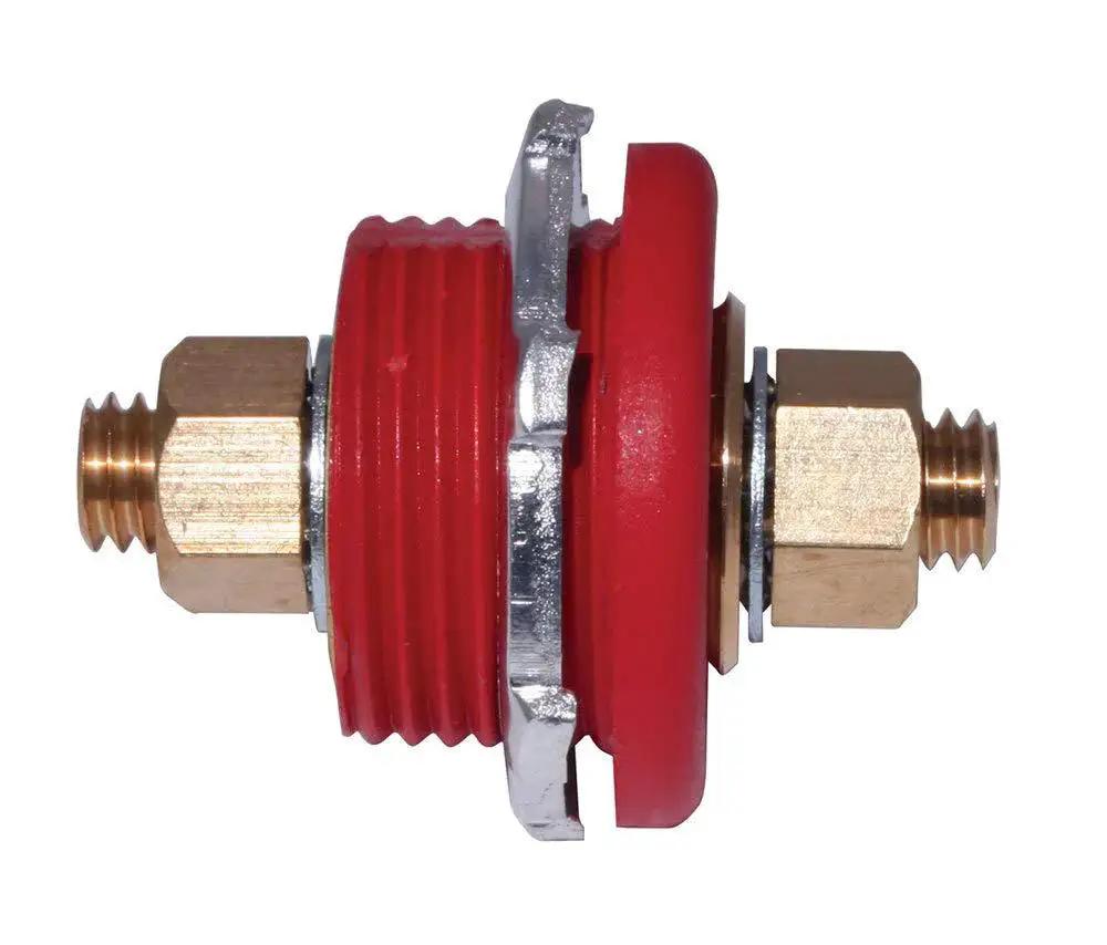 Side view of Red Thru Panel Battery Cable Pass Through Connector For Firewall with brass fittings and red insulating components.