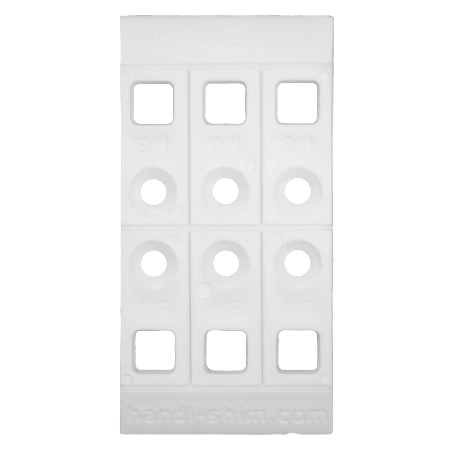 Heavy Duty Reusable Plastic Construction Shims For Spacing And Leveling Great For DIY Projects And Plumbing 40 Piece Pack One Eighth Inch White Handi Shim, front view showing multiple slots.
