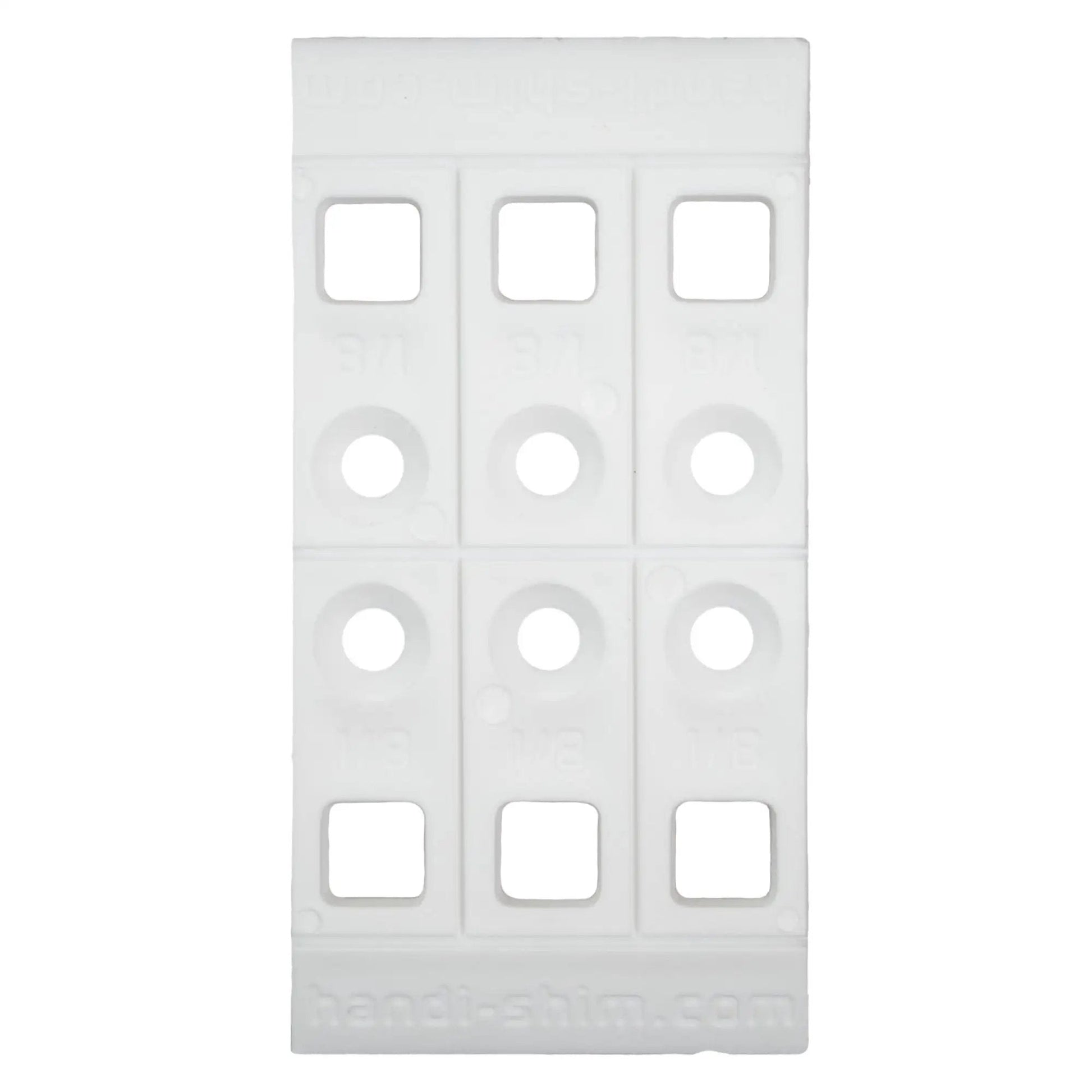 Heavy Duty Reusable Plastic Construction Shims For Spacing And Leveling Great For DIY Projects And Plumbing 40 Piece Pack One Eighth Inch White Handi Shim, front view showing multiple slots.