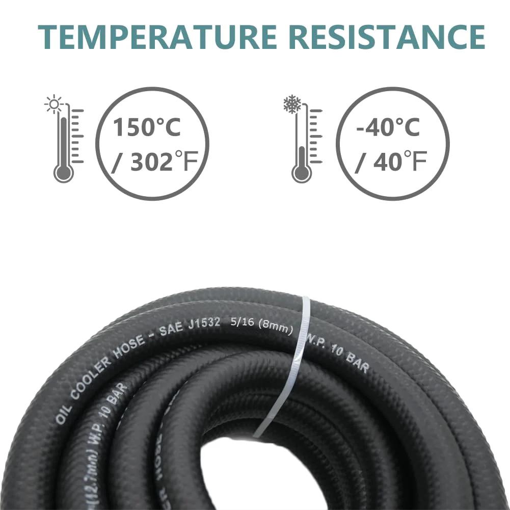 Five Sixteenth Inch Transmission Oil Cooler Hose 300 PSI Working Pressure Heavy Duty 10 Ft Length With 14 Mm Outer Diameter -40 F To 302 F NBR Synthetic Rubber 1-Ply For Transmission Fluid Oil Coolant Diesel Hydraulic Fluid Gas For Cars And Trucks showing coiled hose with temperature resistance chart highlighting range from -40 F to 302 F