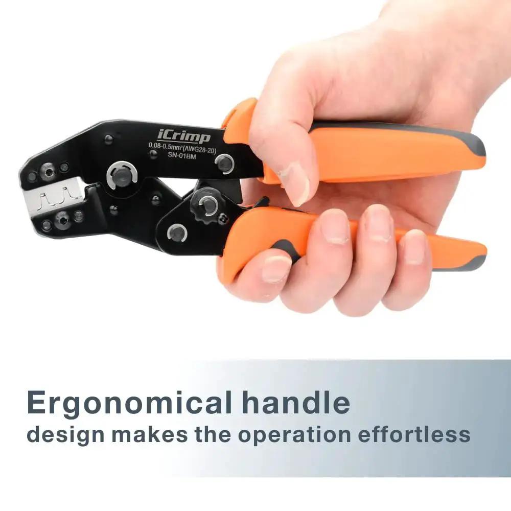 Person holding All Purpose Ratchet Crimping Tool for AWG 28 to 20 Wire Terminals XH 2.54 3.96 mm PH2.0 PX JST Molex KK254 Dupont D Sub