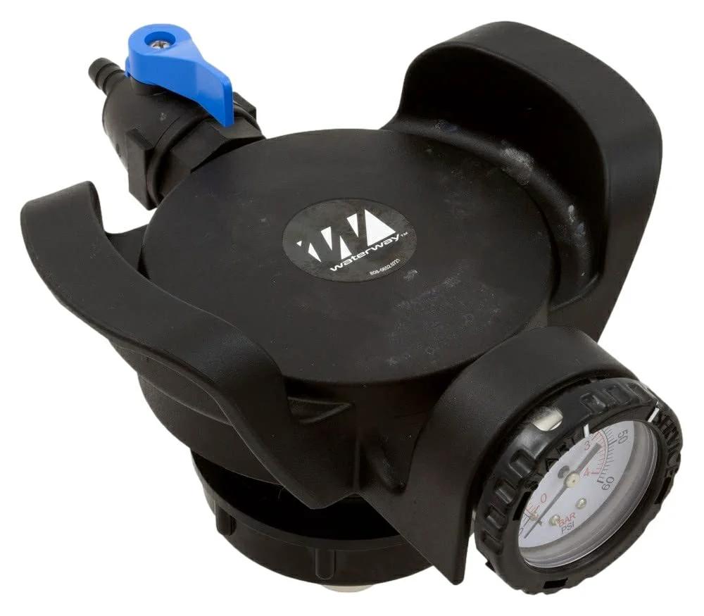 Pressure Relief Valve Assembly With Gauge For Waterway Crystal Water Pool Filter HD 550 6730, black assembly with gauge.