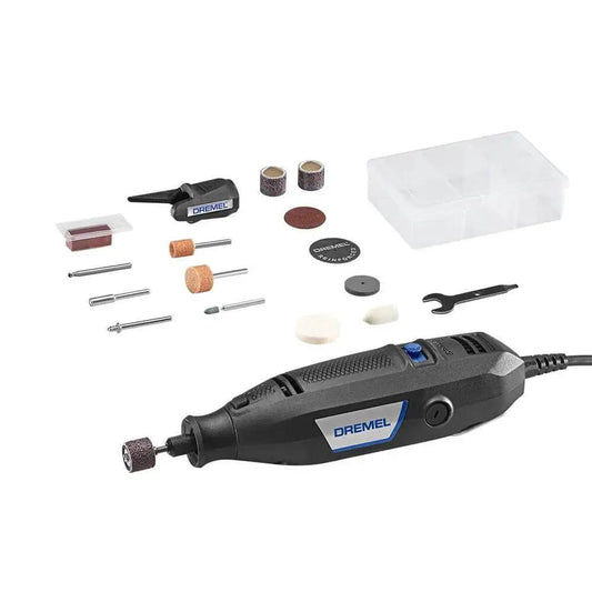 Dope Variable Speed Rotary Tool Kit For DIY With 15 Accessories And 1 Attachment For Cutting, Sanding, Grinding, Polishing, Drilling, And Engraving By Dremel, shown with accessories.