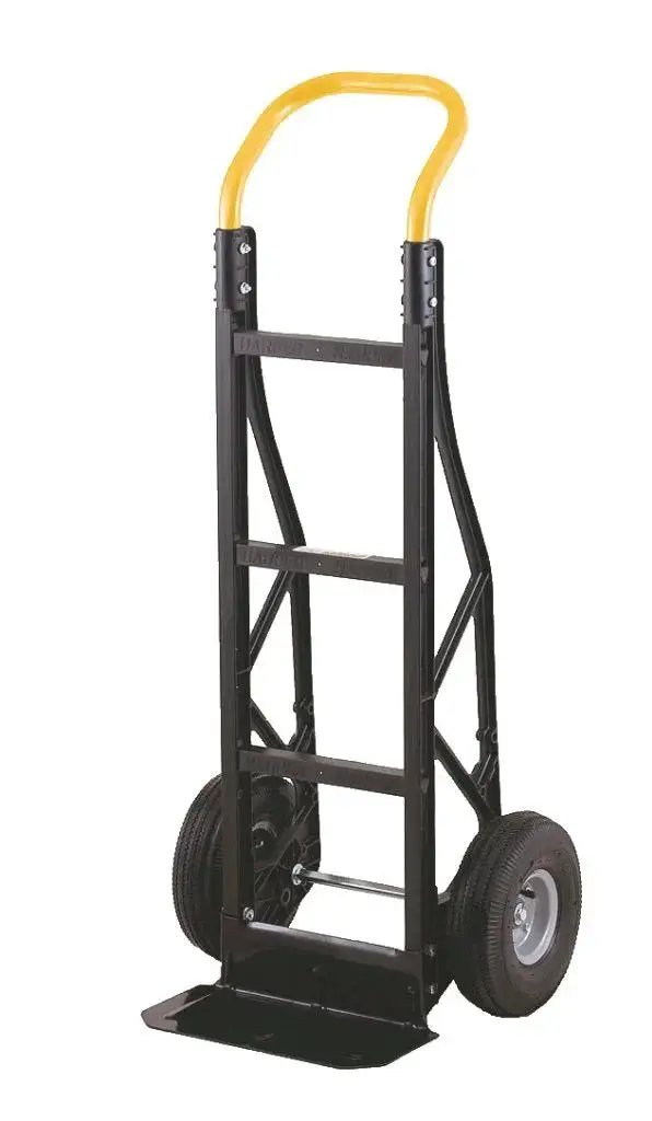 Front view of Durable 600 Pound Nylon Hand Truck With Continuous Handle And All Terrain Tires, black frame with yellow handle.