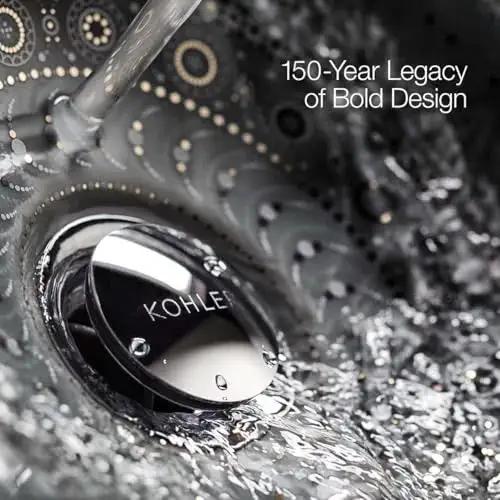 Close-up of Kohler sink with water and intricate design highlighting 150-year legacy of bold design.