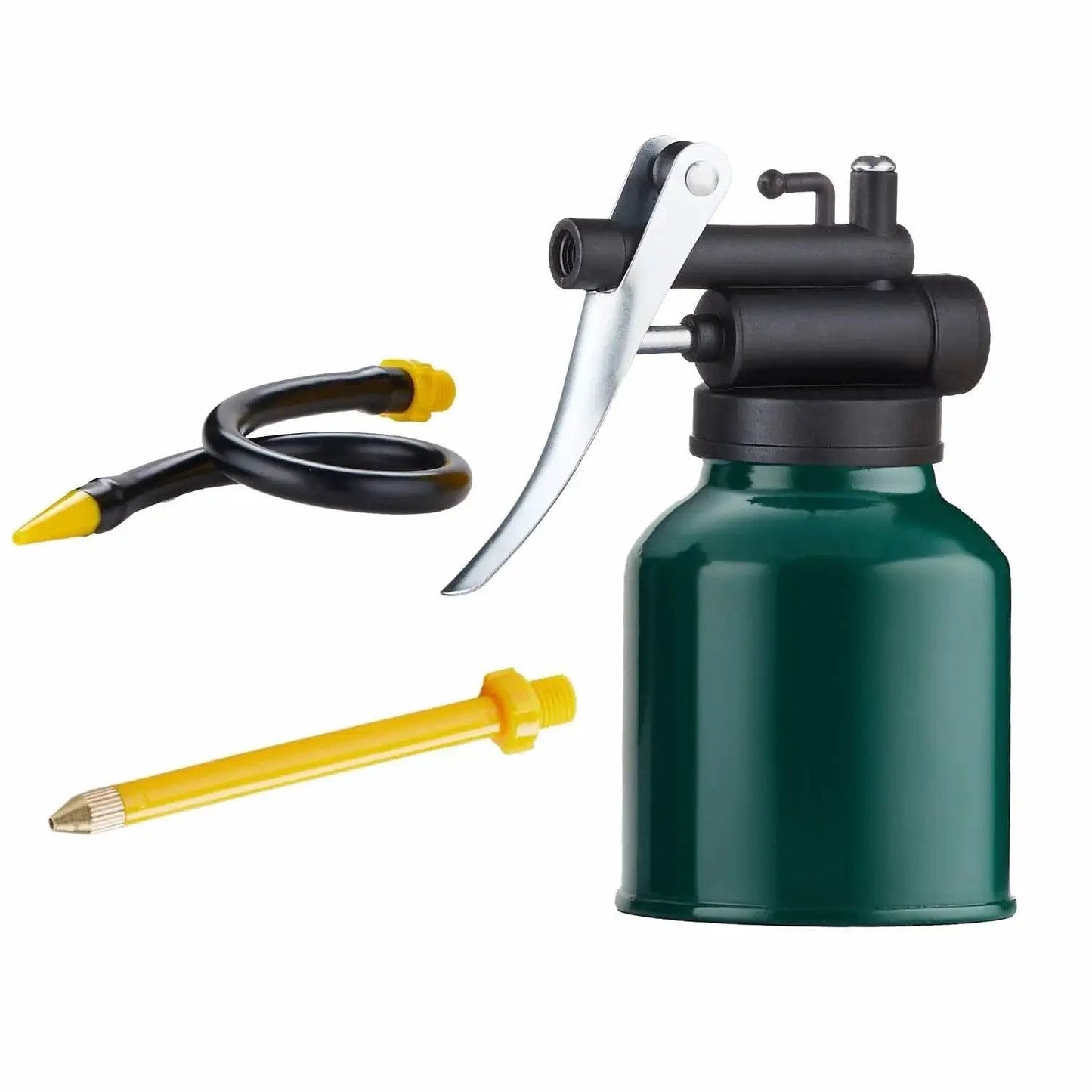 Green Metal Pistol Pump Oil Can With Long Flexible 9 Inch Spout And 3 Inch Straight Spout 8 Ounce Oil Oiler For Lubrication Of Machinery And Tools One Hand Operation Built In Pressure Pump For Hard To Reach Areas