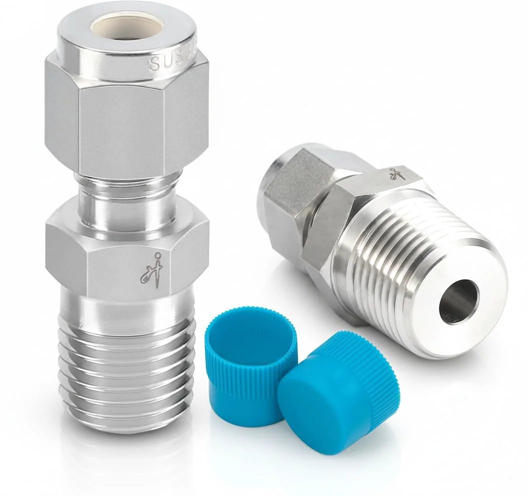 Premium 316 Stainless Steel Compression Tube Fitting Half Inch OD To Half Inch NPT Male Straight Adapter With Double Ferrules For Oil Chemical And Natural Gas Connections 2 Pack, showing front view and blue caps