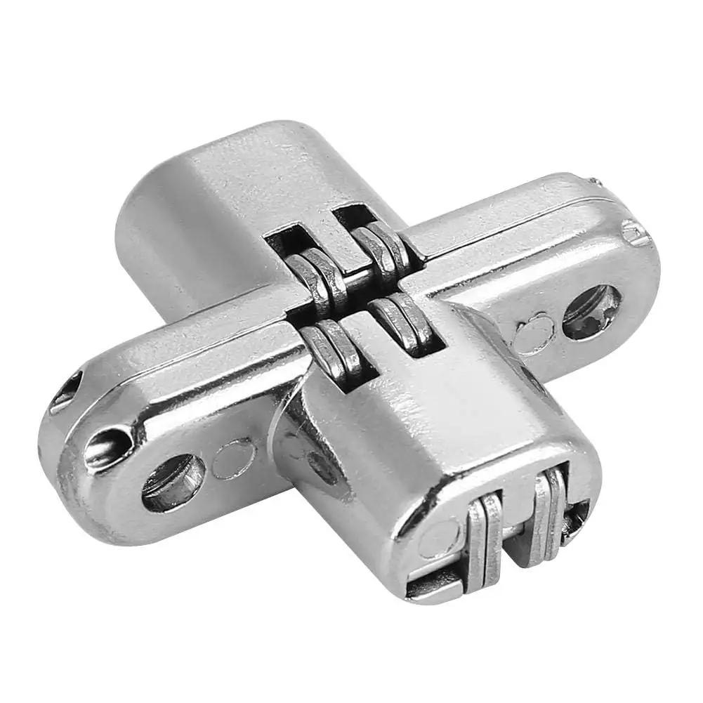 Close-up of Two Pack 180 Degree Hidden Door Hinges Zinc Alloy Invisible Concealed Cross Hinge For Cabinets And Furniture Easy Installation