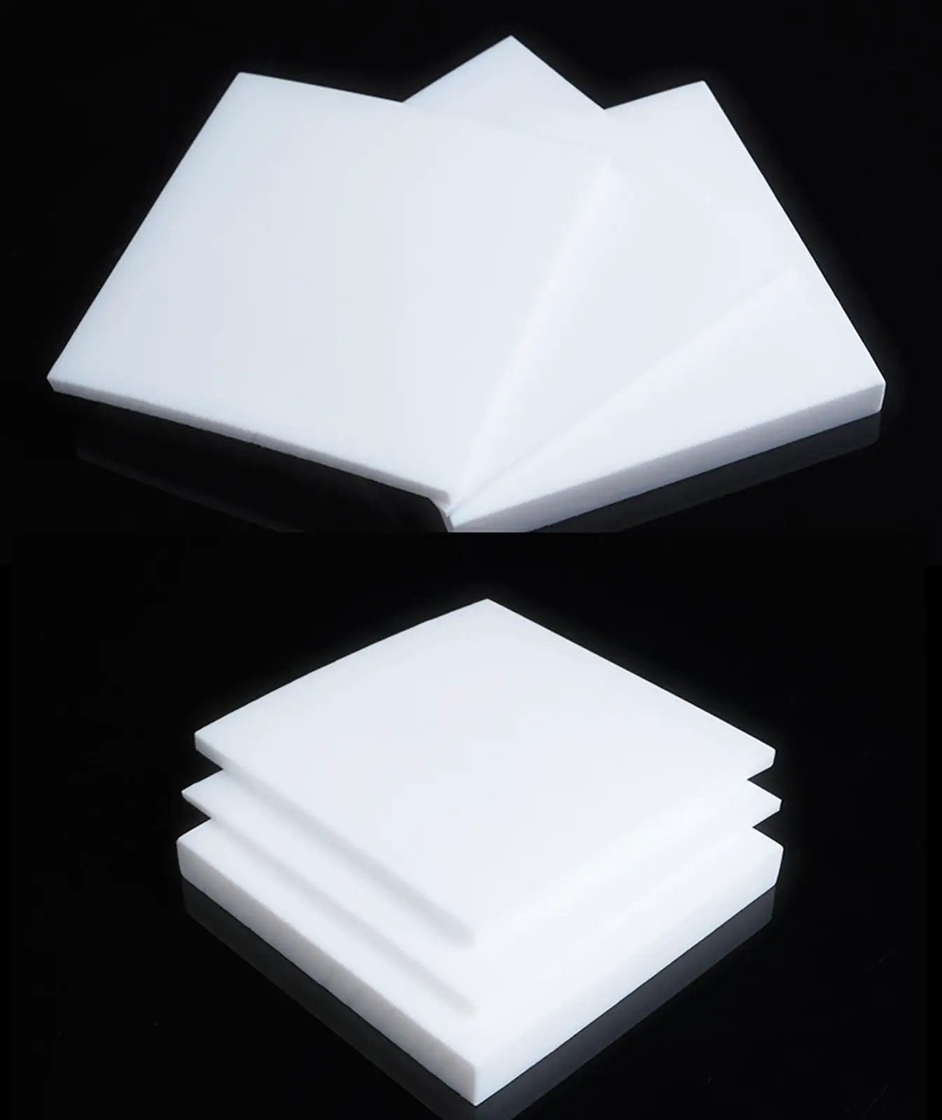 White PTFE Plastic Sheet 200mm by 200mm 5mm Thick Nonstick High Performance Board for Industrial and DIY Projects stacked on a black surface.