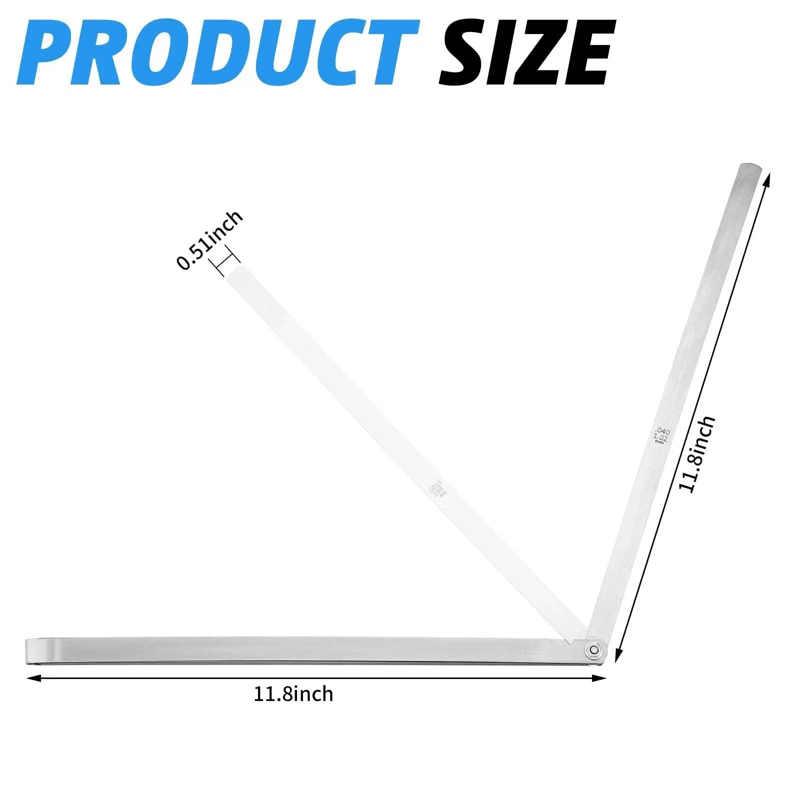 Product size diagram of 2 Piece Long Feeler Gauge Set With 25 Blades Stainless Steel Dual Marked Metric And Imperial Measuring Tool