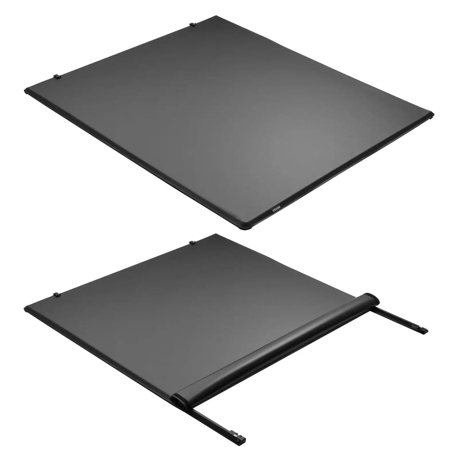 Soft Roll Up Truck Bed Tonneau Cover For 6 Ft 4 In Beds Built To Last Fits 2019 2024 Ram 1500 Classic And 2003 2025 Ram 2500 3500 PVC Tonneau Cover With Aluminum Alloy Bars, showing the cover in rolled-up and flat positions.