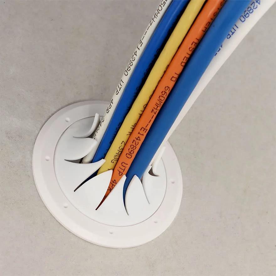 White Two Inch Cable Pass Through Port Pair With Spring-Lock, Durable Plastic Rubber Construction For Clean Cable Management, Installed