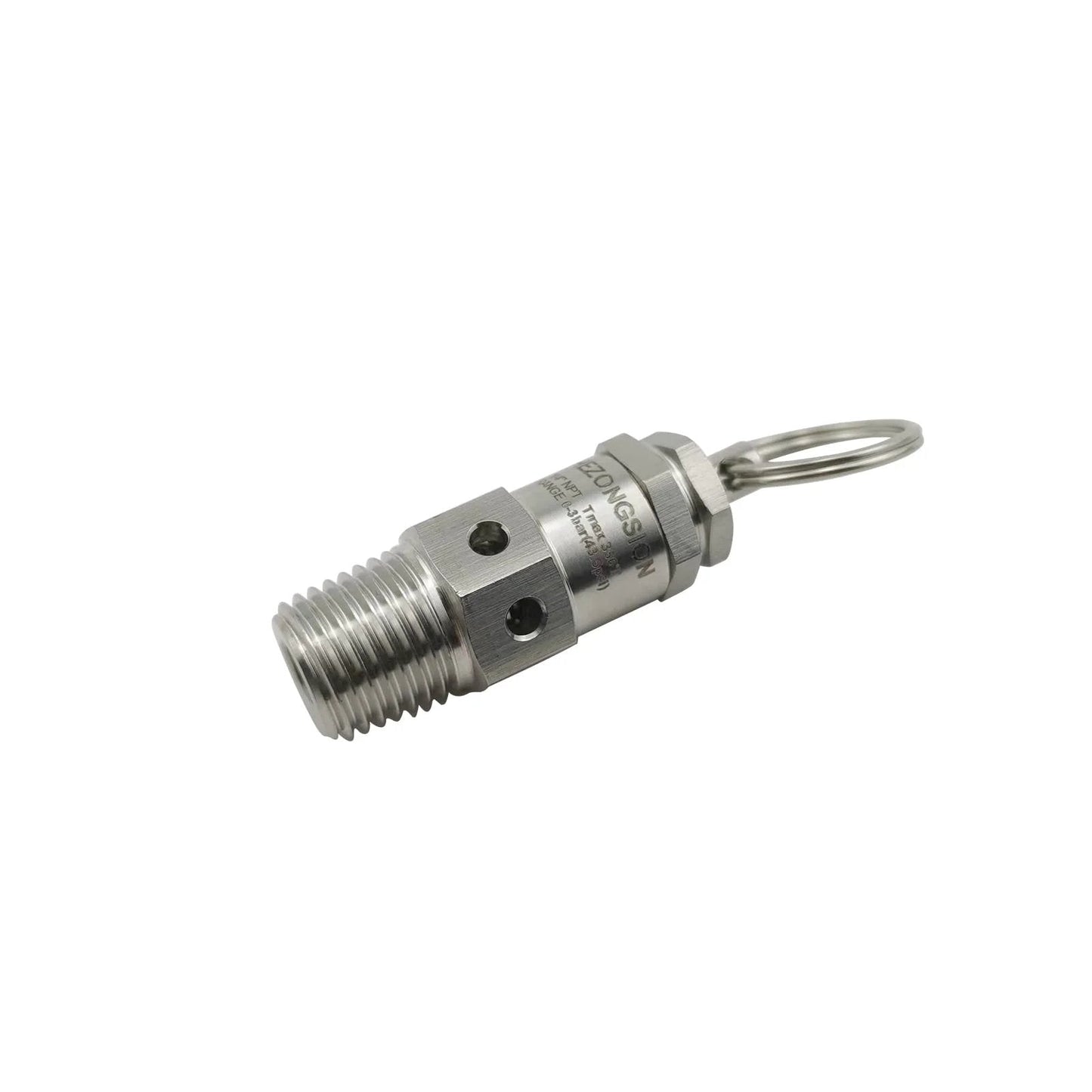 Adjustable One Quarter Inch NPT Male Pressure Relief Safety Valve With 0 to 40 PSI Range and 30 PSI Set Point, Made From SS304 Stainless Steel, FKM Seal, Tmax 356 F, Heavy Duty Industrial Grade