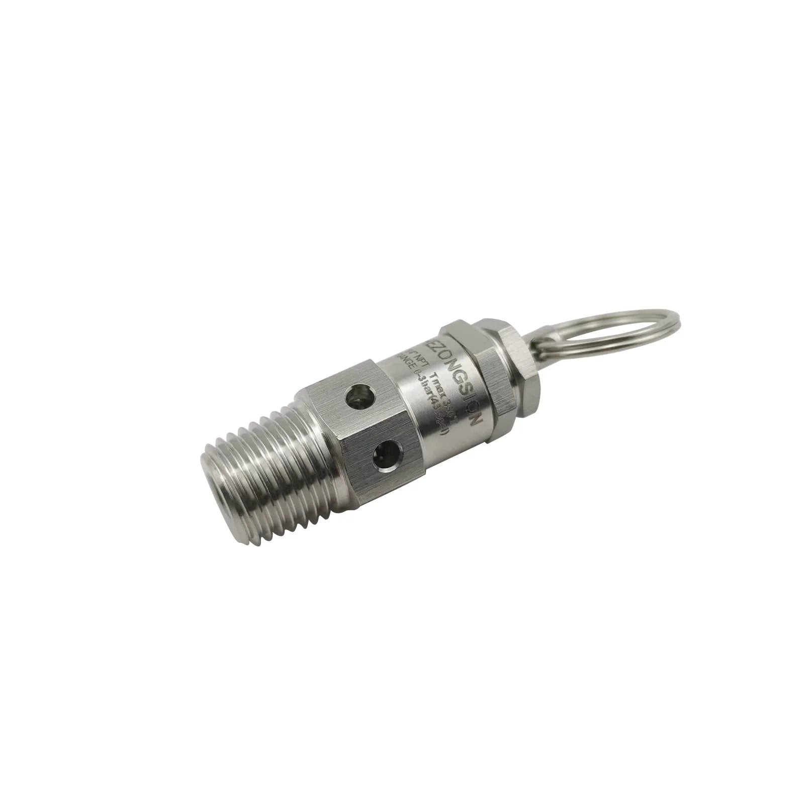 Adjustable One Quarter Inch NPT Male Pressure Relief Safety Valve With 0 to 40 PSI Range and 30 PSI Set Point, Made From SS304 Stainless Steel, FKM Seal, Tmax 356 F, Heavy Duty Industrial Grade