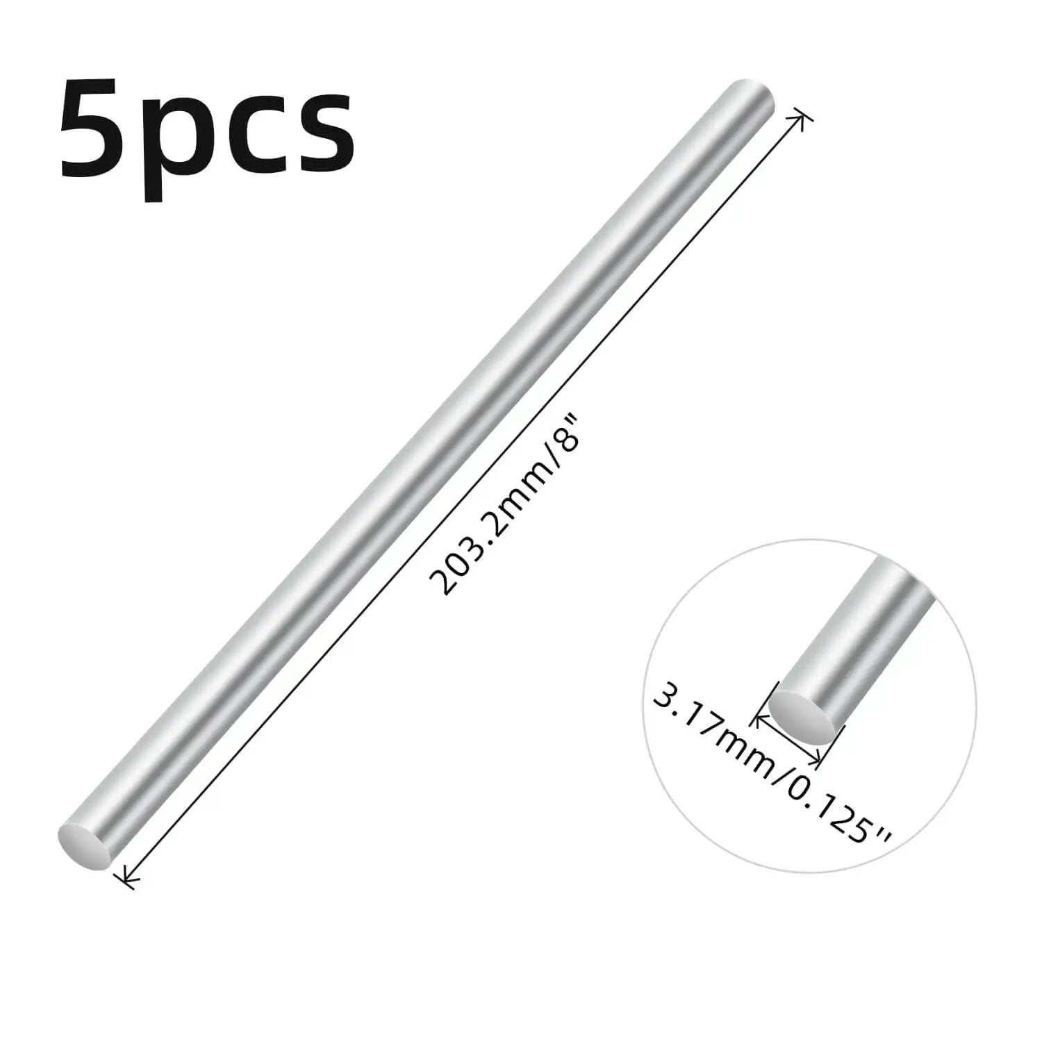 One Eighth Inch Stainless Steel Rod Eight Inch Solid Round Shaft For DIY Projects And Metalworking Hobbies, 5-pack size details