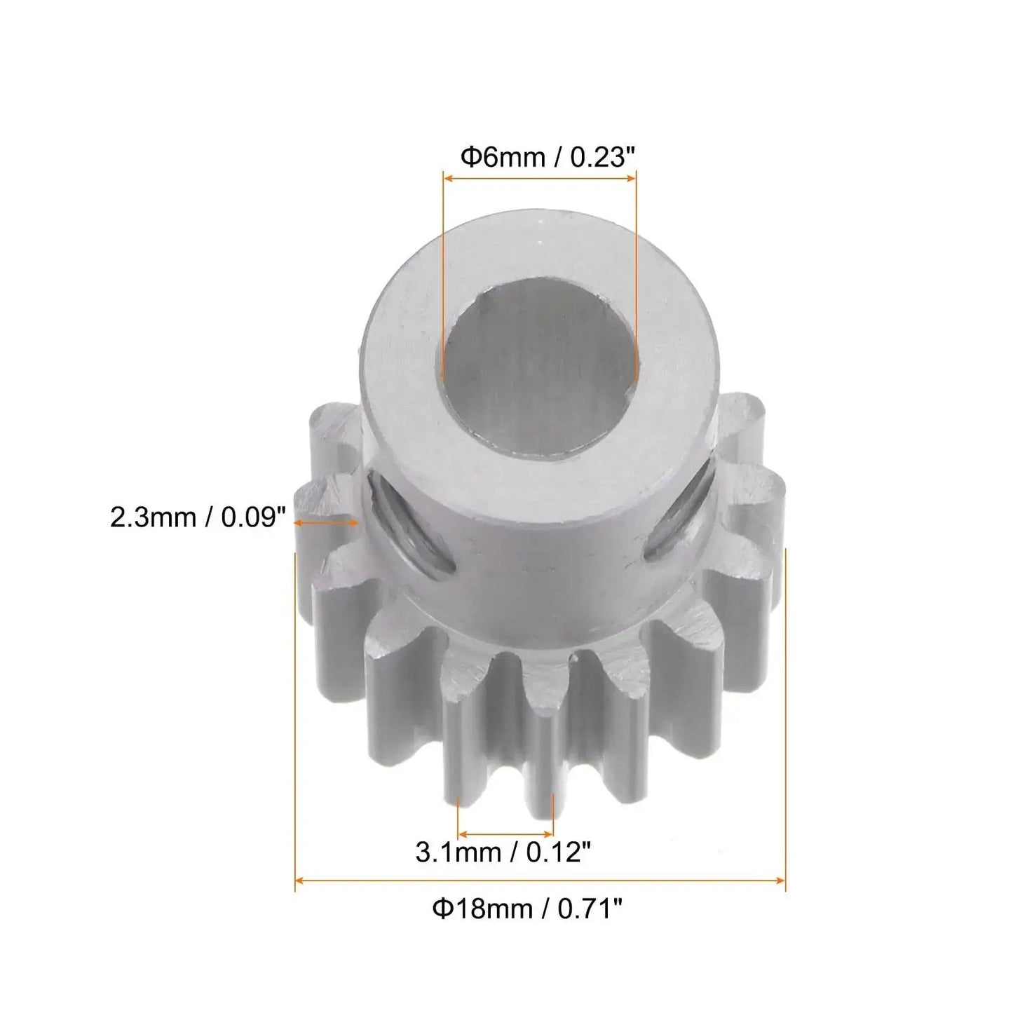 Dimensions of Step Spur Gear 16T 6mm Bore Aluminum Alloy Motor Gear for RC Car and Gearbox Replacement Parts Mod 1. Top view.