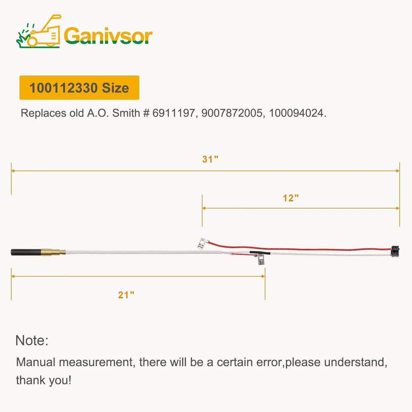 Minivolt Thermopile 100112330 Water Heater Replacement Part with dimensions 31 inch, 12 inch, 21 inch