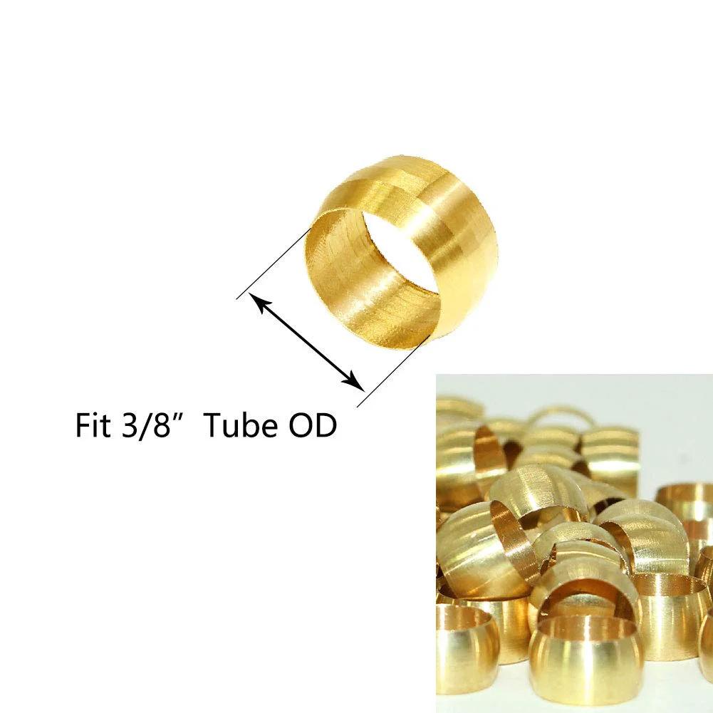 Brass Compression Sleeve Ferrule Kit For Three Eighths Inch Tube OD And Ten Millimeter OD Tubing Pack Of Forty Pro Grade Heavy Duty Copper Tone Fittings Rated To Three Thousand PSI For High Pressure Fluid And Gas Lines, front view showing 3/8-inch fit