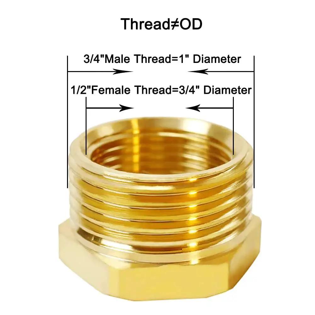 Brass Hex Bushing Reducer Garden Hose Fitting One Half Inch NPT Female To Three Quarter Inch GHT Male Reducing Adapter diagram