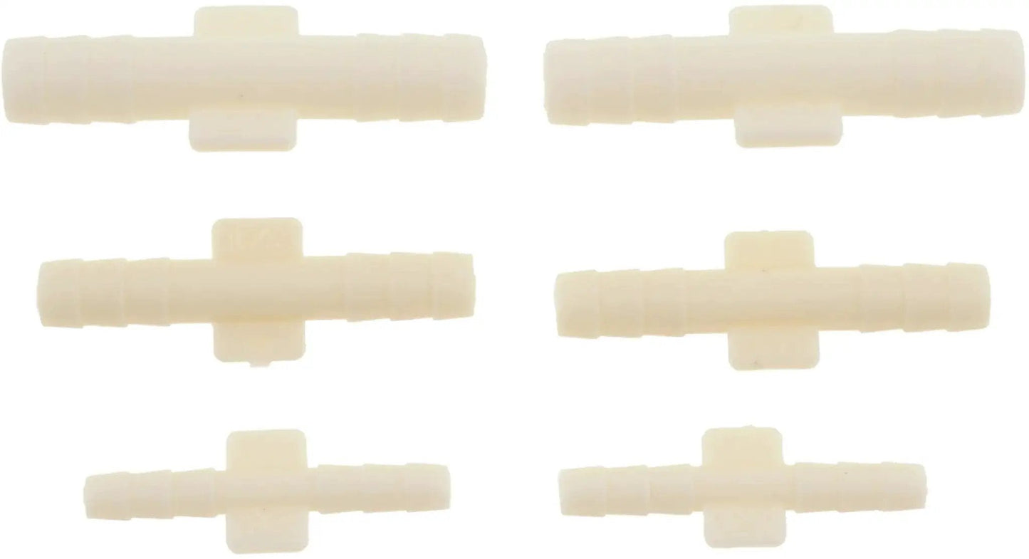 Go-To Hard Vacuum Tubing Connector Set For 1/8 Inch, 3/16 Inch And 1/4 Inch Tubing, Six Pack Universal Fit shown in T-shape connectors.